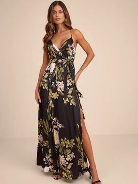 NWT Lulu's Black Floral Wrap Maxi Dress with Spaghetti Straps